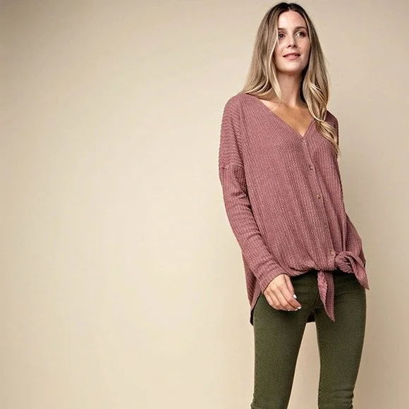 NWT Waffle Knit Tie Top in Wine - Picture 2 of 8